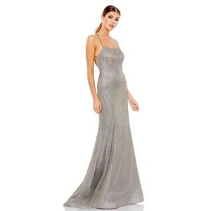 Mac Duggal Gray Glitter Lace-up Back Gown Silver